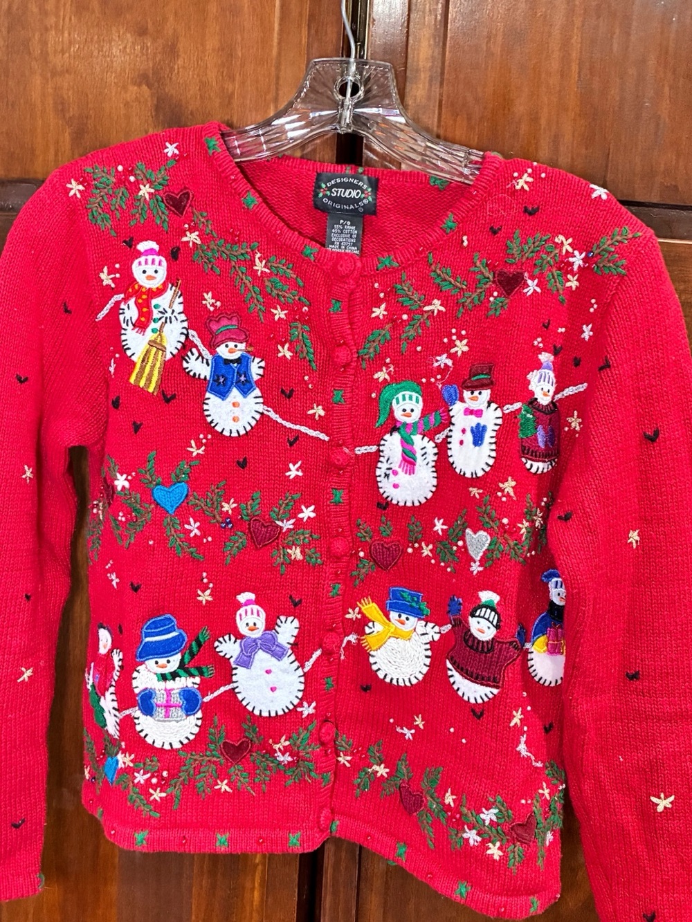 Studio vintage Red Embroidered Snowman Cardigan Sweater small petite